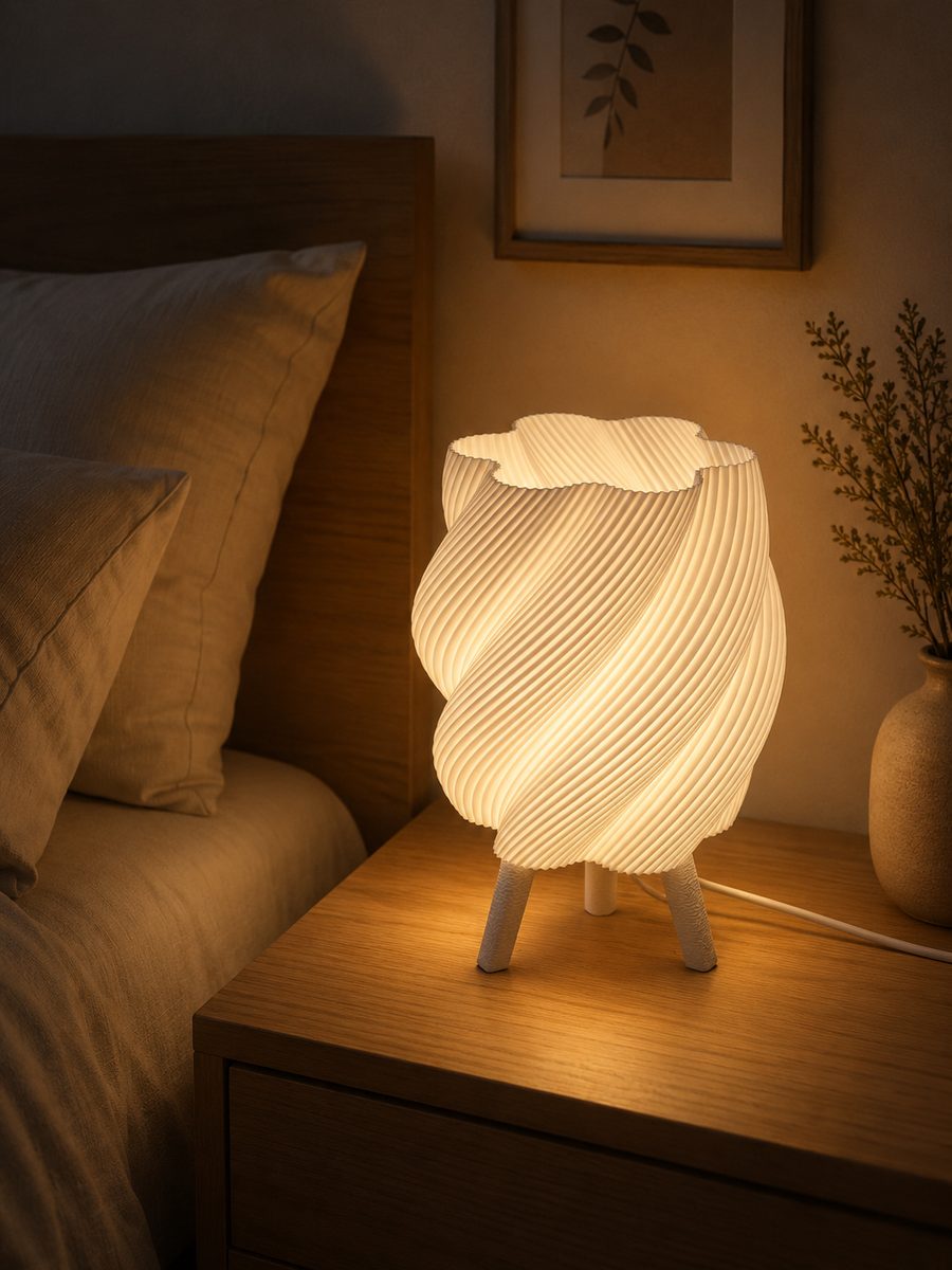 Spiral-textured 3D printed table lamp glowing on a bedside nightstand