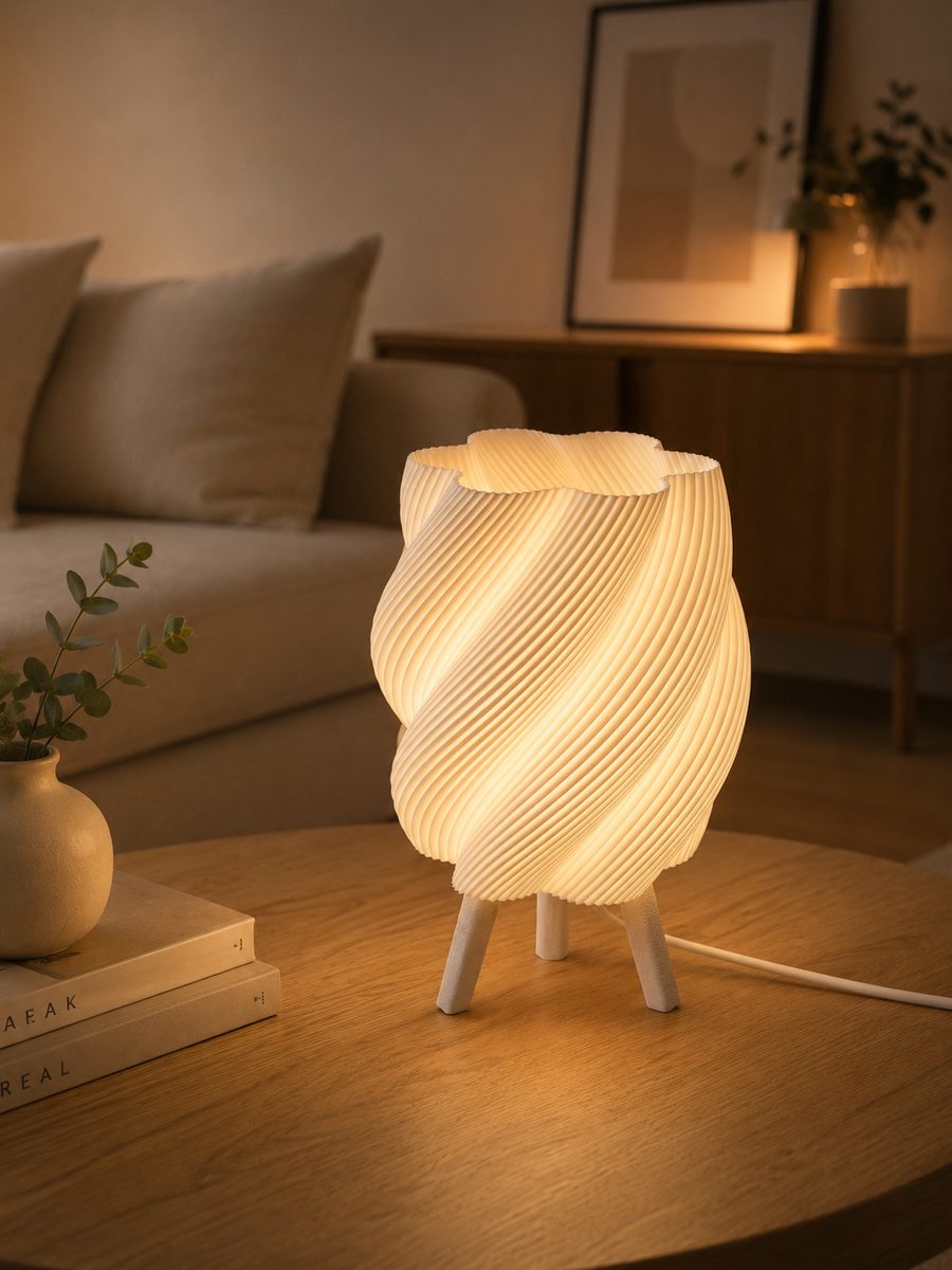 Spiral-textured 3D printed table lamp glowing on a living room coffee table